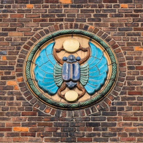 The Scarab Club features a historic, sculpted Pewabic medallion designed by William Buck Stratton above its main entrance